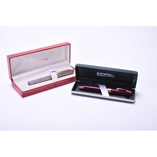 388 - Two Sheaffer fountain pens, boxed A PFM III, maroon, and a Targa, sterling silver. (2)