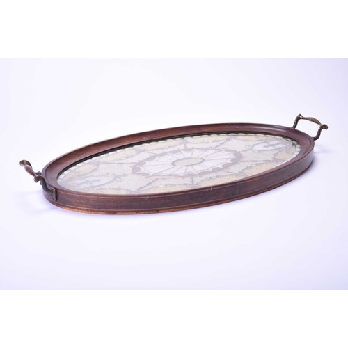 394 - An Edwardian glass bead plique a jour tray Of oval outline, the boxwood strung mahogany frame with t... 