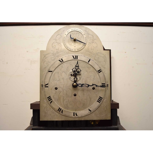 454 - An Edwardian mahogany musical longcase clock The case with astragal glazed trunk, the arched 10.5in ... 