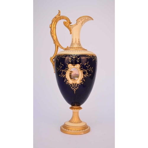 62 - A large Coalport ewer, circa 1891-1919, cobalt and lemon yellow ground with a large oval landscape p... 