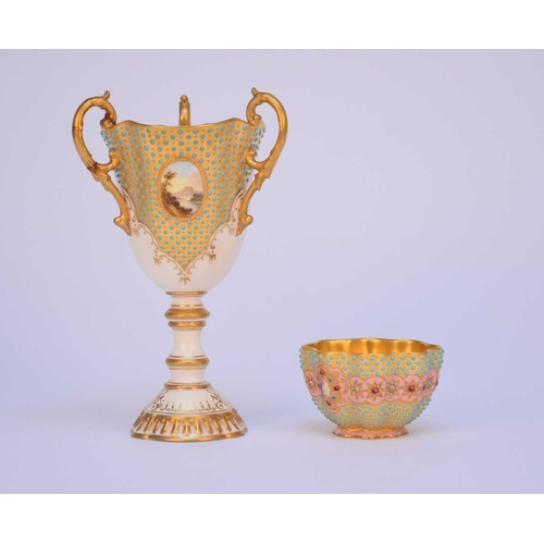 76 - A Coalport 'jewelled' landscape trophy vase, early 20th century, pale yellow ground, with three hand... 