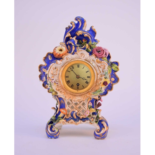 90 - A Coalport 'Coalbrookdale' mantel timepiece, circa 1830-35, blue ground, of scrolling form richly en... 