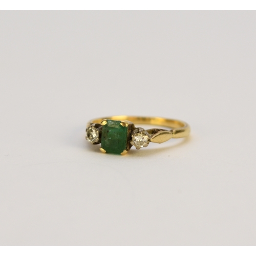 120 - An emerald and diamond ring, designed as a central rectangular cut emerald flanked to each side by a... 