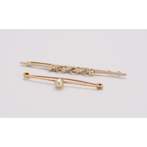 145 - A diamond and freshwater cultured pearl bar brooch, stamped 14, 85mm long, together with a single ... 