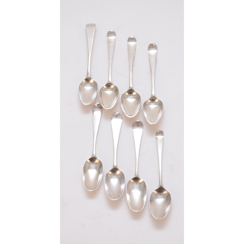 56 - A collection of eight mid-late 18th century silver picture / scroll back teaspoons, comprising; an e... 