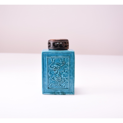 13 - A Chinese Fahua turquoise glazed tea caddy, probably 18th century Of cuboid form and moulded to each... 