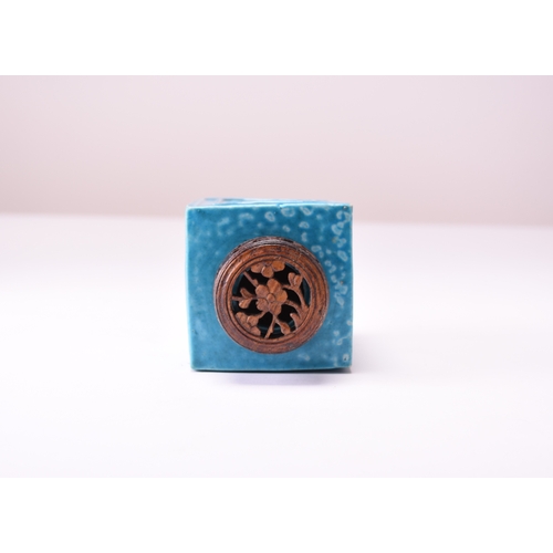 13 - A Chinese Fahua turquoise glazed tea caddy, probably 18th century Of cuboid form and moulded to each... 