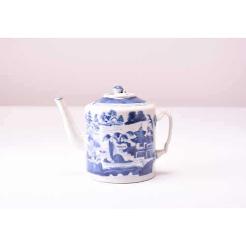 16 - A Chinese blue and white teapot and cover, Qing Dynasty, 18th century Of cylindrical form with strap... 