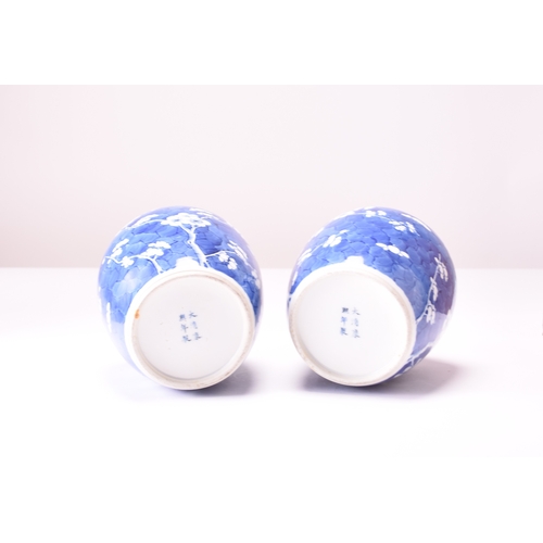 17 - A pair of Chinese prunus blossom vases, Kangxi six-character marks but 19th century Of ovoid form, d... 