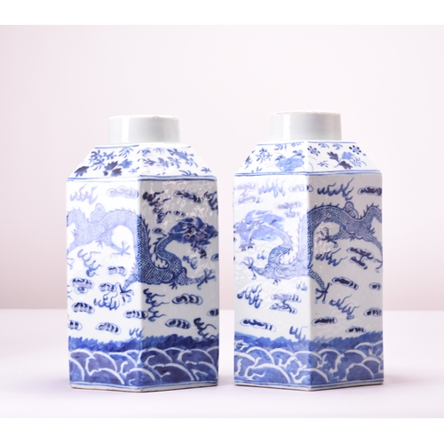 26 - A pair of Chinese blue and white tea canisters, four-character Qianlong marks Of hexagonal section a... 