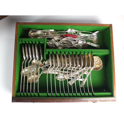 11 - A cased canteen of silver and plated cutlery, silver comprising; twelve dessert spoons, ten teaspoon... 