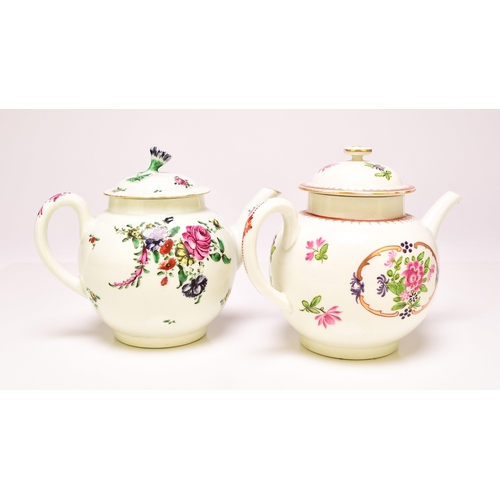 143 - Two Worcester porcelain teapots, the first, circa 1760, painted in bold enamels with an array of pac... 