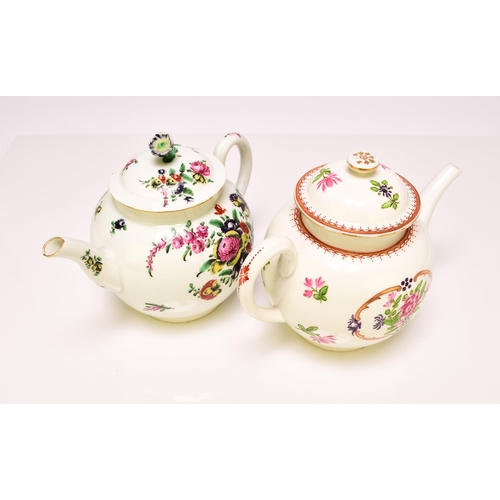 143 - Two Worcester porcelain teapots, the first, circa 1760, painted in bold enamels with an array of pac... 