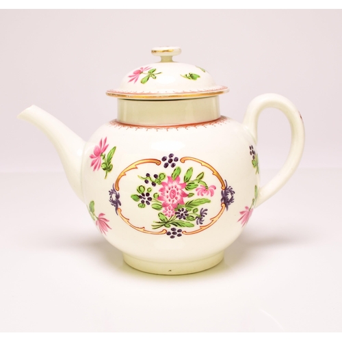 143 - Two Worcester porcelain teapots, the first, circa 1760, painted in bold enamels with an array of pac... 