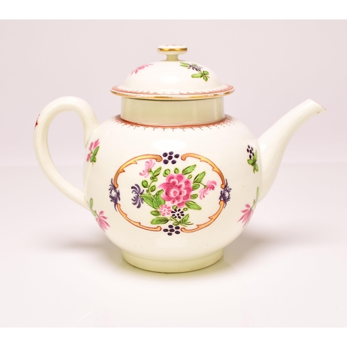 143 - Two Worcester porcelain teapots, the first, circa 1760, painted in bold enamels with an array of pac... 