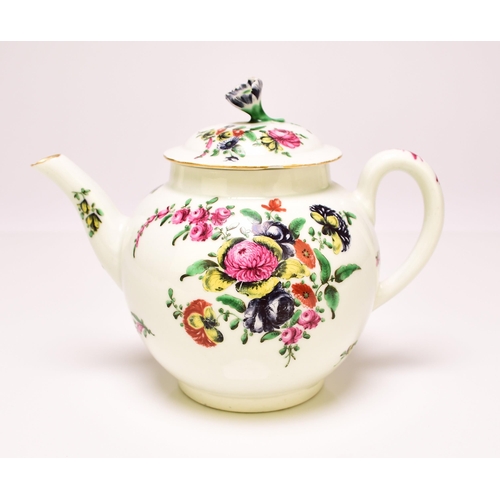 143 - Two Worcester porcelain teapots, the first, circa 1760, painted in bold enamels with an array of pac... 