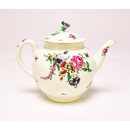 143 - Two Worcester porcelain teapots, the first, circa 1760, painted in bold enamels with an array of pac... 