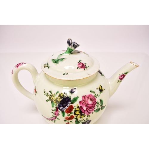 143 - Two Worcester porcelain teapots, the first, circa 1760, painted in bold enamels with an array of pac... 