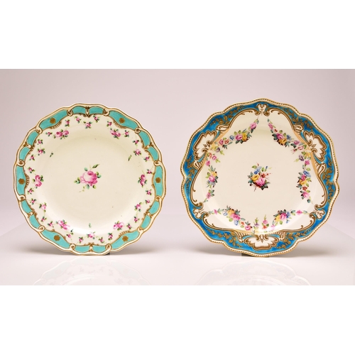 146 - A Derby porcelain dessert plate, circa 1790, of shaped form, with a turquoise border, painted with g... 