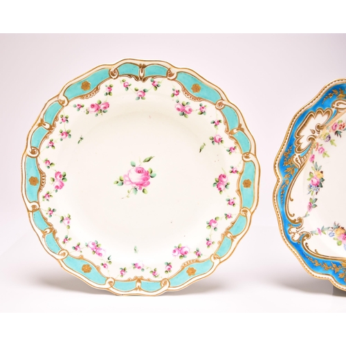 146 - A Derby porcelain dessert plate, circa 1790, of shaped form, with a turquoise border, painted with g... 