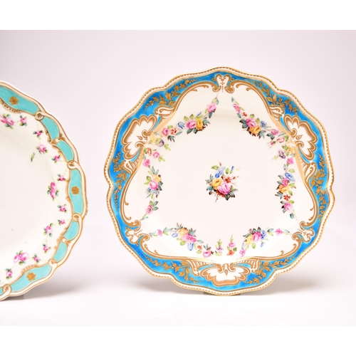 146 - A Derby porcelain dessert plate, circa 1790, of shaped form, with a turquoise border, painted with g... 