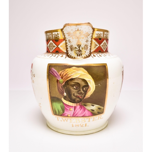 148 - An English porcelain 'Success to Trade' jug, painted with a portrait of a black Moorish gentleman in... 