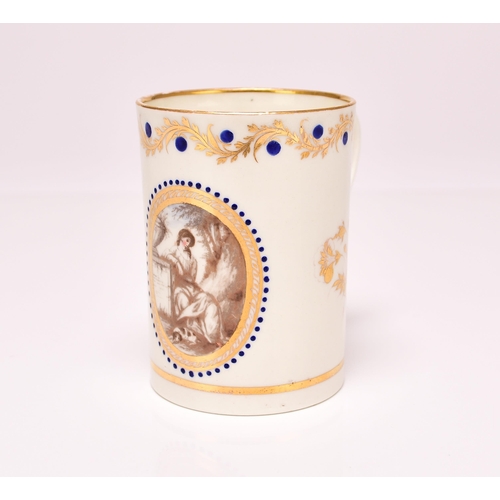 149 - A rare Caughley polychrome mug, circa 1793 of straight-sided cylindrical form, with an indented loop... 