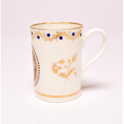 149 - A rare Caughley polychrome mug, circa 1793 of straight-sided cylindrical form, with an indented loop... 