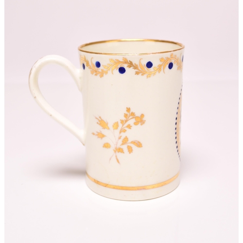 149 - A rare Caughley polychrome mug, circa 1793 of straight-sided cylindrical form, with an indented loop... 