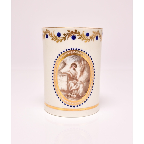 149 - A rare Caughley polychrome mug, circa 1793 of straight-sided cylindrical form, with an indented loop... 