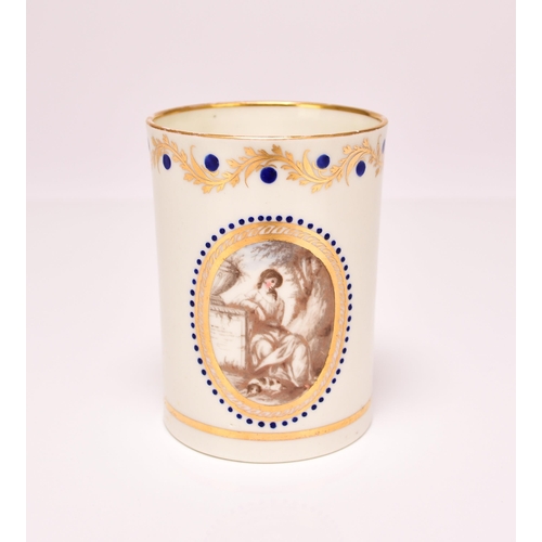 149 - A rare Caughley polychrome mug, circa 1793 of straight-sided cylindrical form, with an indented loop... 