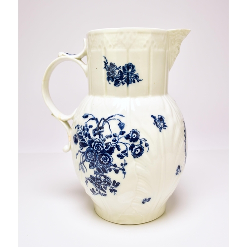 152 - A Caughley 'Bouquets' cabbage-leaf mask-head jug, circa 1785, transfer-printed in underglaze blue, a... 