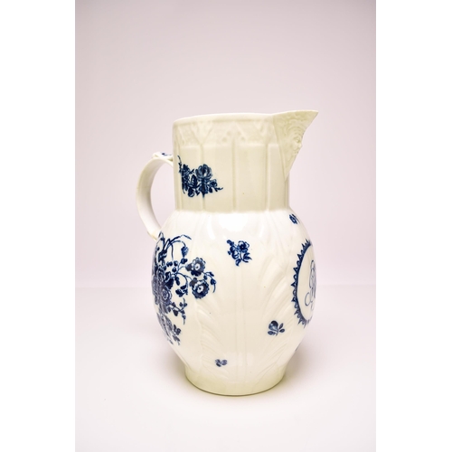 152 - A Caughley 'Bouquets' cabbage-leaf mask-head jug, circa 1785, transfer-printed in underglaze blue, a... 