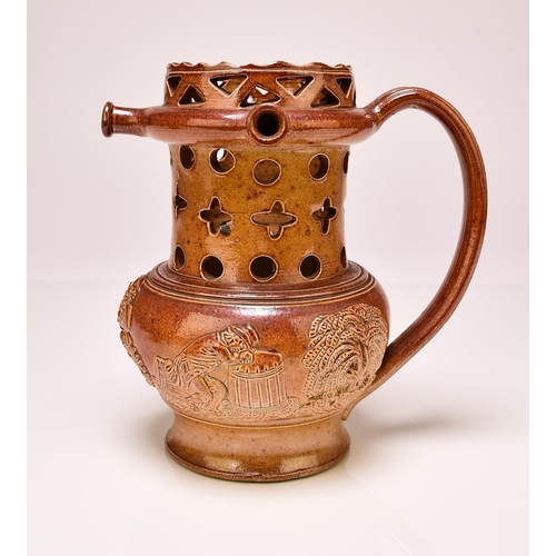 162 - A Brampton-type or Bourne (Derbyshire) salt-glazed puzzle jug, circa 1830-40, the neck pierced with ... 