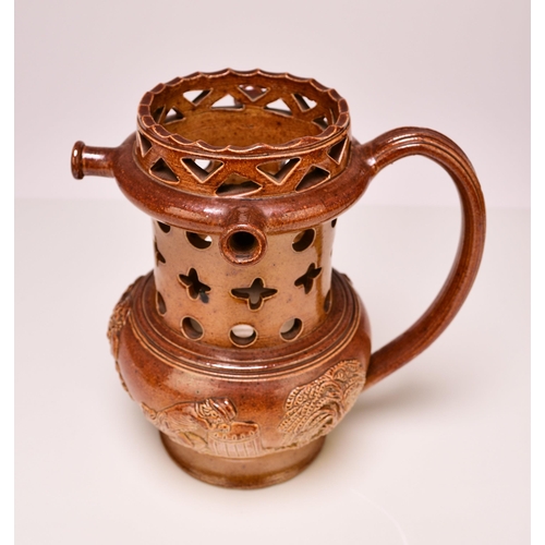 162 - A Brampton-type or Bourne (Derbyshire) salt-glazed puzzle jug, circa 1830-40, the neck pierced with ... 