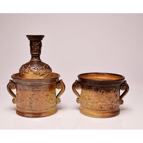 164 - Two Derbyshire salt-glazed tobacco jars, mid-19th century the first, with inner and outer cover, dat... 