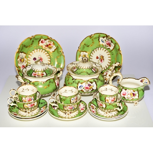 169 - H&R Daniel - A 'C'-scroll porcelain part tea service, circa 1827-8, pattern 4369, 'Shrewsbury' green... 