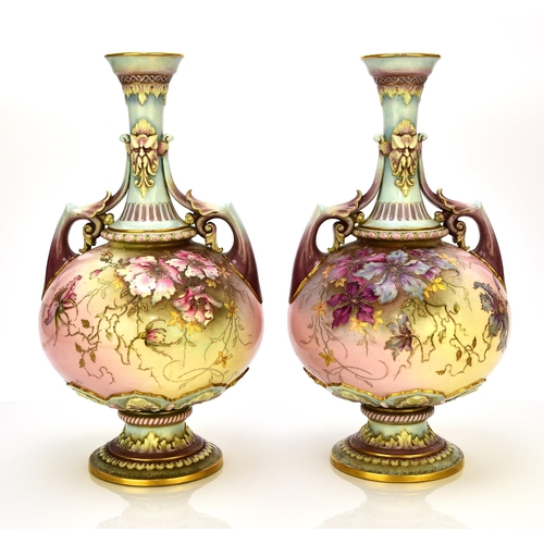 170 - A pair of Royal Worcester prismatic enamel vases, circa 1890, of twin-handled form with satyr masks ... 