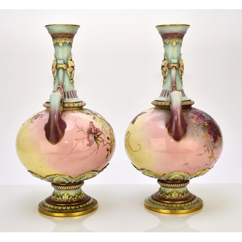 170 - A pair of Royal Worcester prismatic enamel vases, circa 1890, of twin-handled form with satyr masks ... 