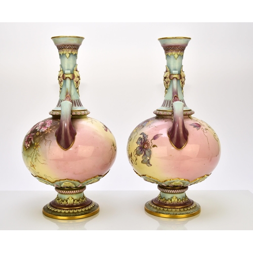 170 - A pair of Royal Worcester prismatic enamel vases, circa 1890, of twin-handled form with satyr masks ... 