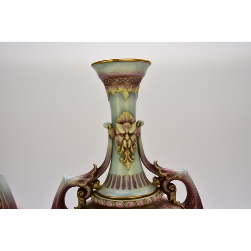 170 - A pair of Royal Worcester prismatic enamel vases, circa 1890, of twin-handled form with satyr masks ... 