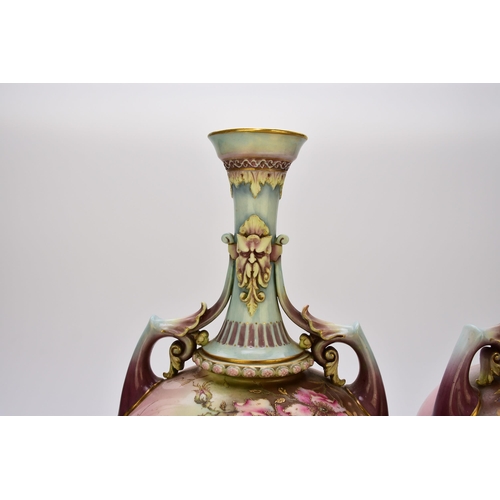 170 - A pair of Royal Worcester prismatic enamel vases, circa 1890, of twin-handled form with satyr masks ... 