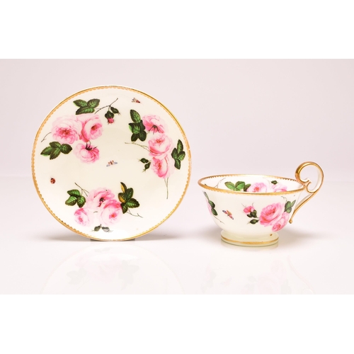 171 - A Nantgarw porcelain 'Three Rose' teacup and saucer, circa 1820, painted with pink roses, foliage an... 