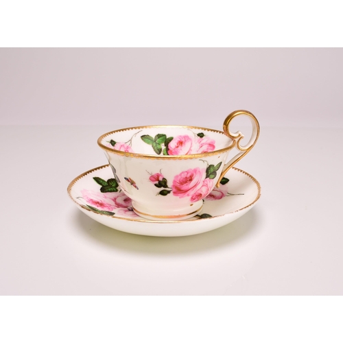 171 - A Nantgarw porcelain 'Three Rose' teacup and saucer, circa 1820, painted with pink roses, foliage an... 