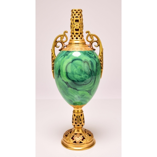 176 - A Coalport pedestal vase, circa 1900-1910 lacking cover, of twin-handled form with a malachite body ... 