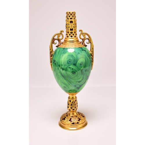 176 - A Coalport pedestal vase, circa 1900-1910 lacking cover, of twin-handled form with a malachite body ... 