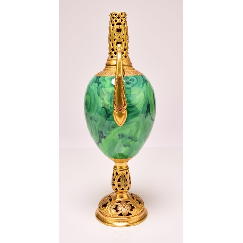 176 - A Coalport pedestal vase, circa 1900-1910 lacking cover, of twin-handled form with a malachite body ... 