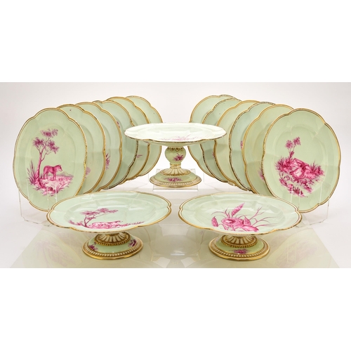 181 - An unusual Coalport dessert service, circa 1860 comprising twelve plates, two low comports and one t... 