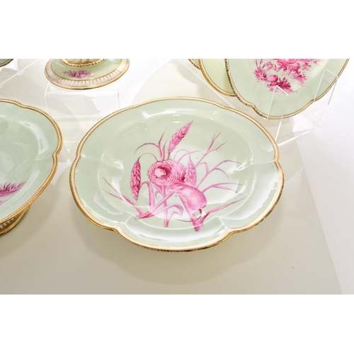 181 - An unusual Coalport dessert service, circa 1860 comprising twelve plates, two low comports and one t... 