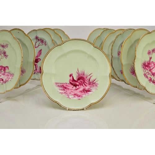 181 - An unusual Coalport dessert service, circa 1860 comprising twelve plates, two low comports and one t... 